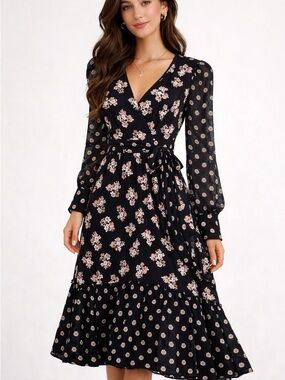 kate spade Black Floral Wrap Midi Dress with Pink Accents